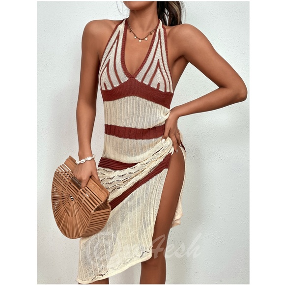 Long Beach Coverup Dress Beige and Brown Stripes Backless V-Neck Halter - Picture 4 of 7